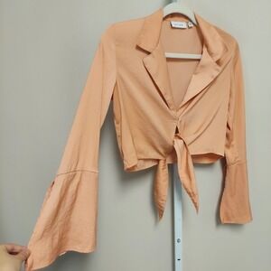 k/lab Satin‎ Cropped Tie Front Bell Sleeve Blouse Top XS Coquette Balletcore
